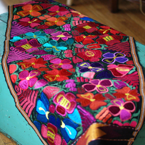 Bright Colors 4' Long Mexican Embroidered Table Runner Textile Textile Zinnia Folk Arts Multi color on Black #2