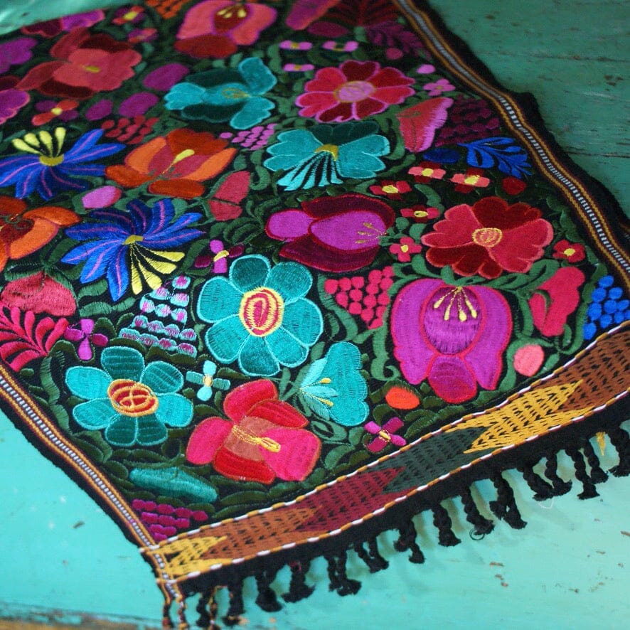 Bright Colors 4' Long Mexican Embroidered Table Runner Textile Textile Zinnia Folk Arts Multi color on Black #1  