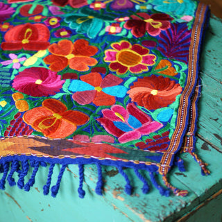 Bright Colors 4' Long Mexican Embroidered Table Runner Textile Textile Zinnia Folk Arts Multi color on Blue  