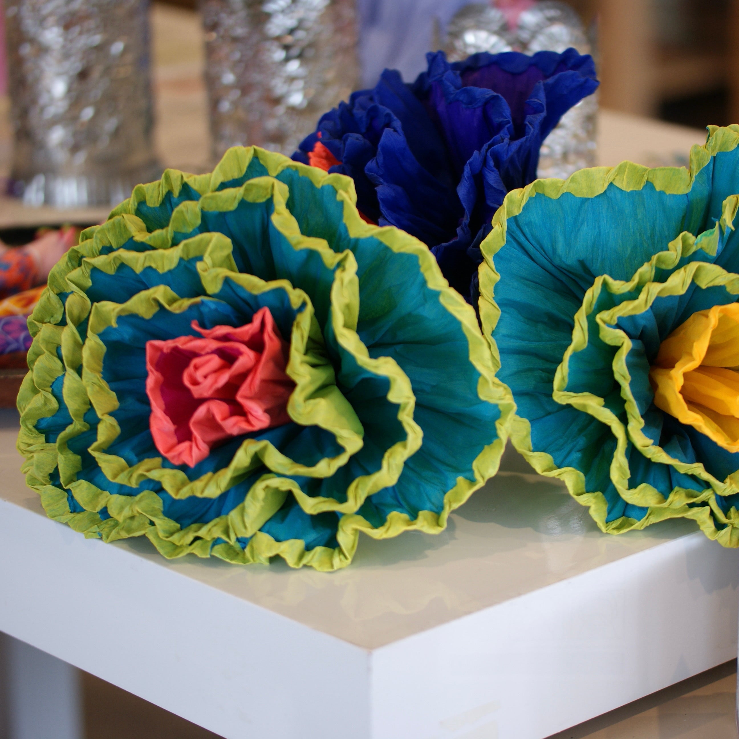 Bright Multicolored Mexican Paper Flowers, Grande Fiesta Zinnia Folk Arts   