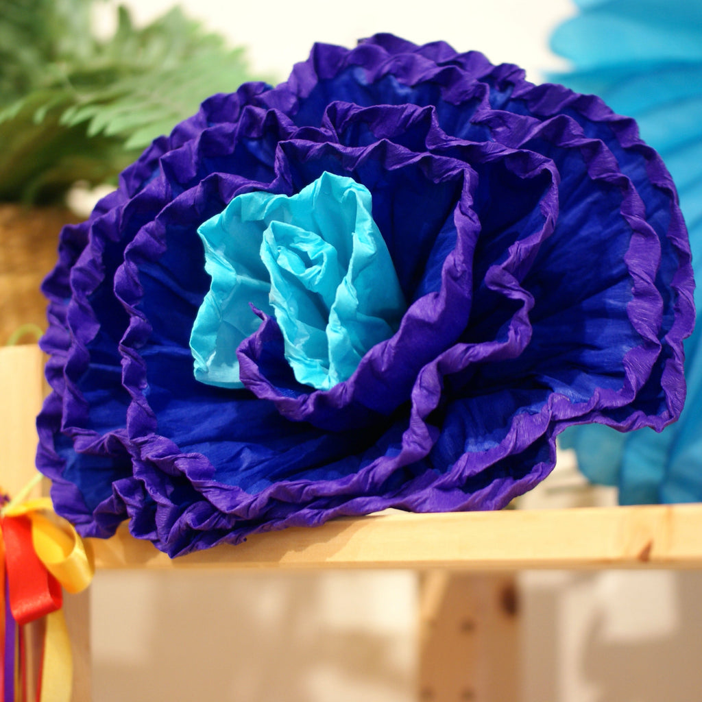 Bright Multicolored Mexican Paper Flowers, Grande Fiesta Zinnia Folk Arts Cool tones (blue/turquoise/lime  