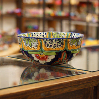 Calabaza Talavera Salad Bowl, Large, Ready to Ship Ceramics Zinnia Folk Arts Azul y Rojo  
