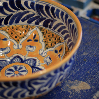 Calabaza Talavera Salad Bowl, Large, Ready to Ship Ceramics Zinnia Folk Arts Blue & Saffron  