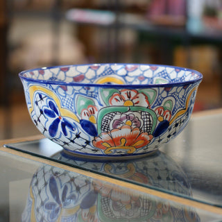 Calabaza Talavera Salad Bowl, Large, Ready to Ship Ceramics Zinnia Folk Arts Bright Orange Flower in Center  