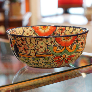 Calabaza Talavera Salad Bowl, Large, Ready to Ship Ceramics Zinnia Folk Arts Red Petunia  