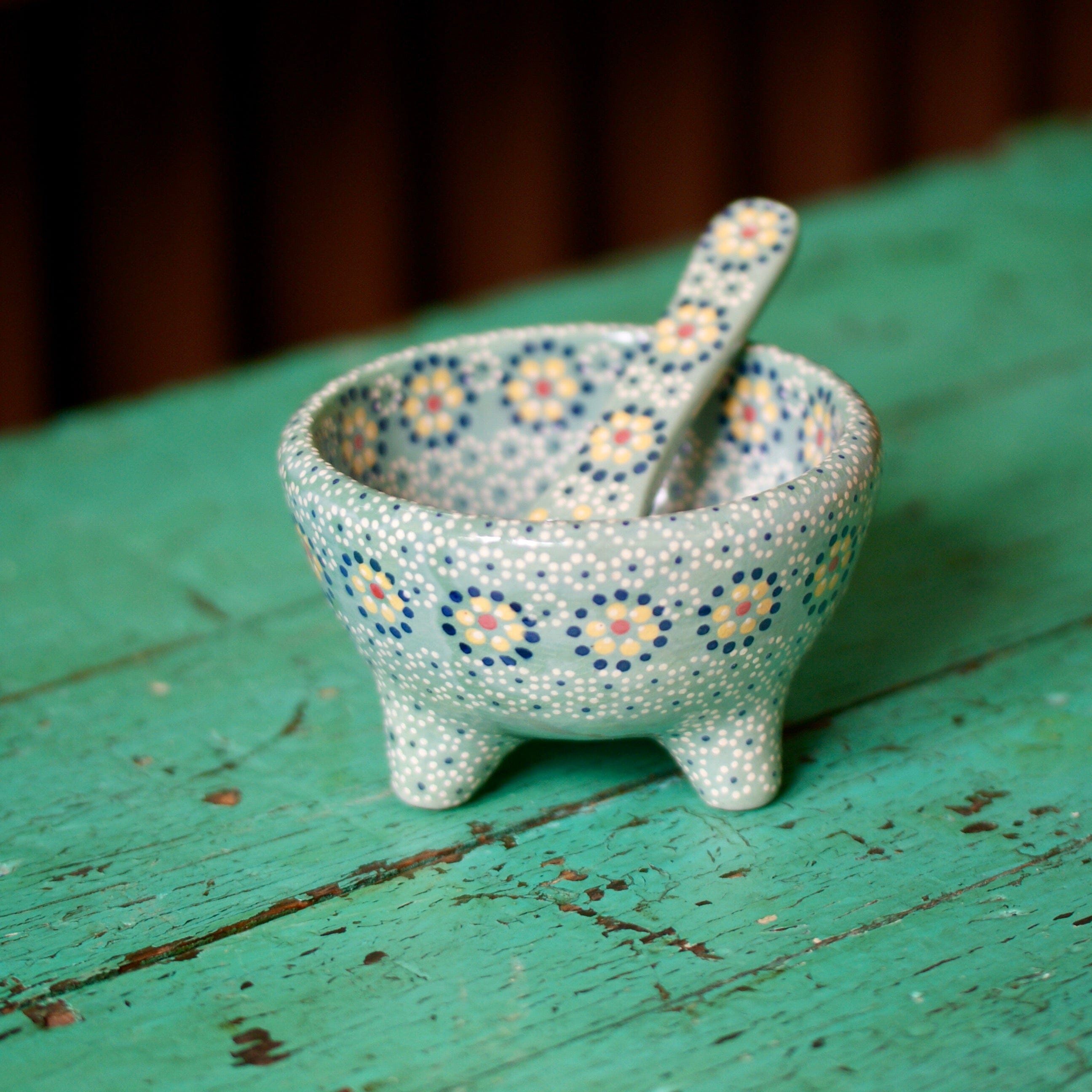 Capula Dotted Three-Footed Bowls, Ready to Ship Ceramics Zinnia Folk Arts Blue Green  