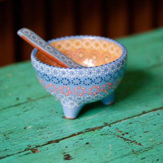 Capula Dotted Three-Footed Bowls, Ready to Ship Ceramics Zinnia Folk Arts Cornflower with Gold interior  