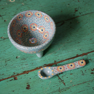 Capula Dotted Three-Footed Bowls, Ready to Ship Ceramics Zinnia Folk Arts Gray blue 1  