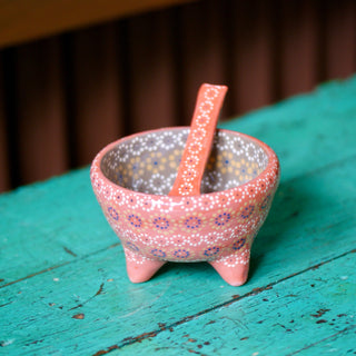 Capula Dotted Three-Footed Bowls, Ready to Ship Ceramics Zinnia Folk Arts Light tomato with Gray  