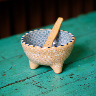 Capula Dotted Three-Footed Bowls, Ready to Ship Ceramics Zinnia Folk Arts Blue Green with Mustard  