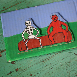 Cardboard Whimsy Whimsical Zinnia Folk Arts Skeleton & Devil Sitting on a Log  