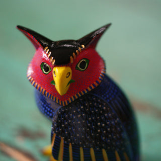 Carved and Painted Black Great Horned Owl, Victor and Jesusita Xuana, San Martin Tilcajete Whimsical Zinnia Folk Arts   