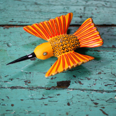 Carved and Painted Hummingbirds, Xuana Family, San Martin Tilcajete Whimsical Zinnia Folk Arts Yellow  