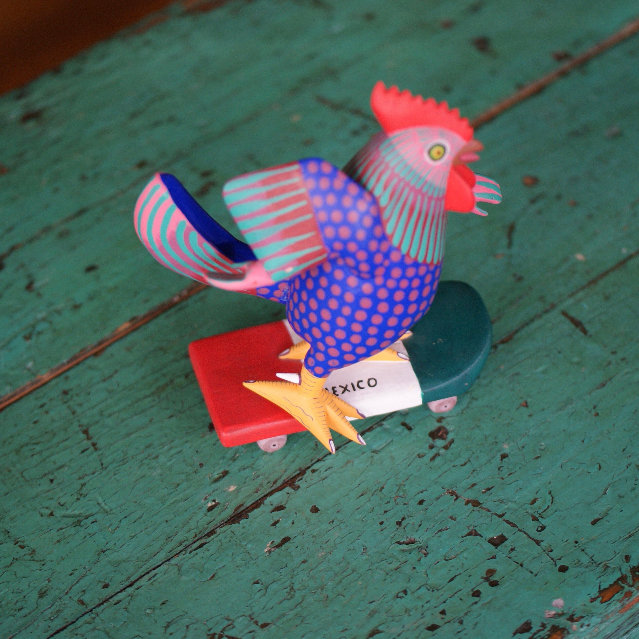 Carved and Painted Skateboard-Riding Roosters, Avelino Perez, La Unión Tejalápan Whimsical Zinnia Folk Arts   