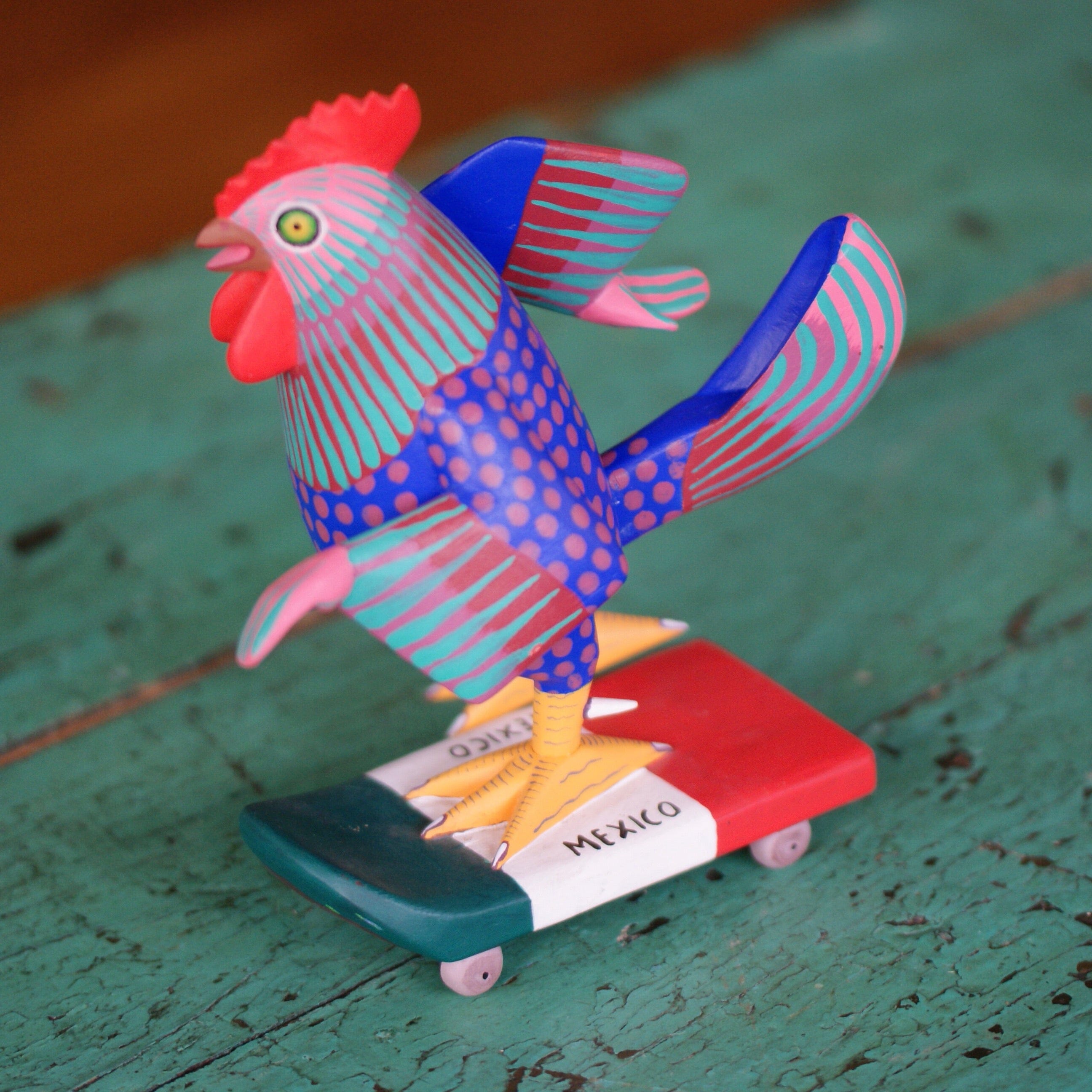 Carved and Painted Skateboard-Riding Roosters, Avelino Perez, La Unión Tejalápan Whimsical Zinnia Folk Arts   