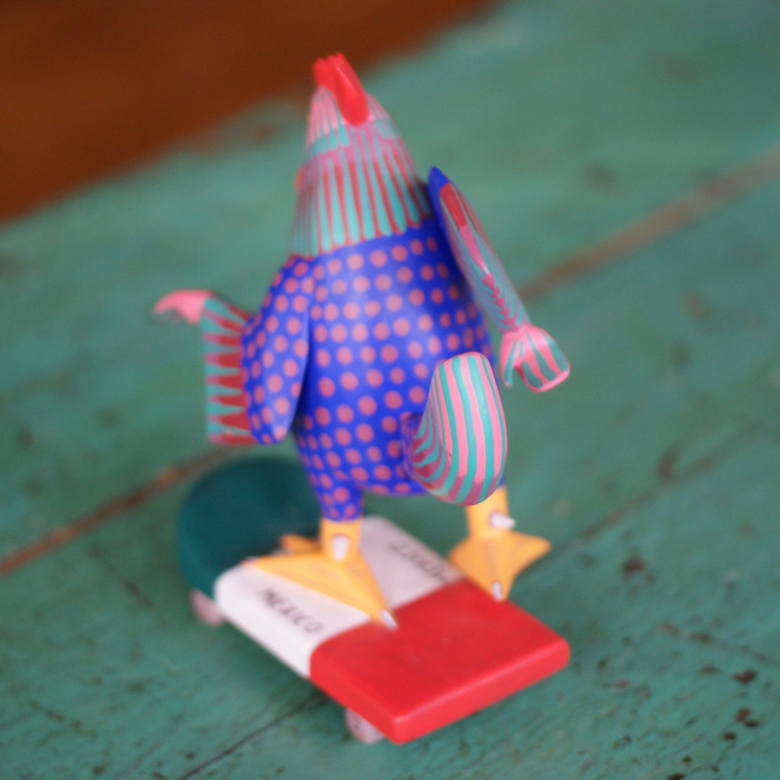 Carved and Painted Skateboard-Riding Roosters, Avelino Perez, La Unión Tejalápan Whimsical Zinnia Folk Arts   