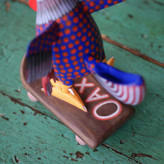 Carved and Painted Skateboard-Riding Roosters, Avelino Perez, La Unión Tejalápan Whimsical Zinnia Folk Arts   