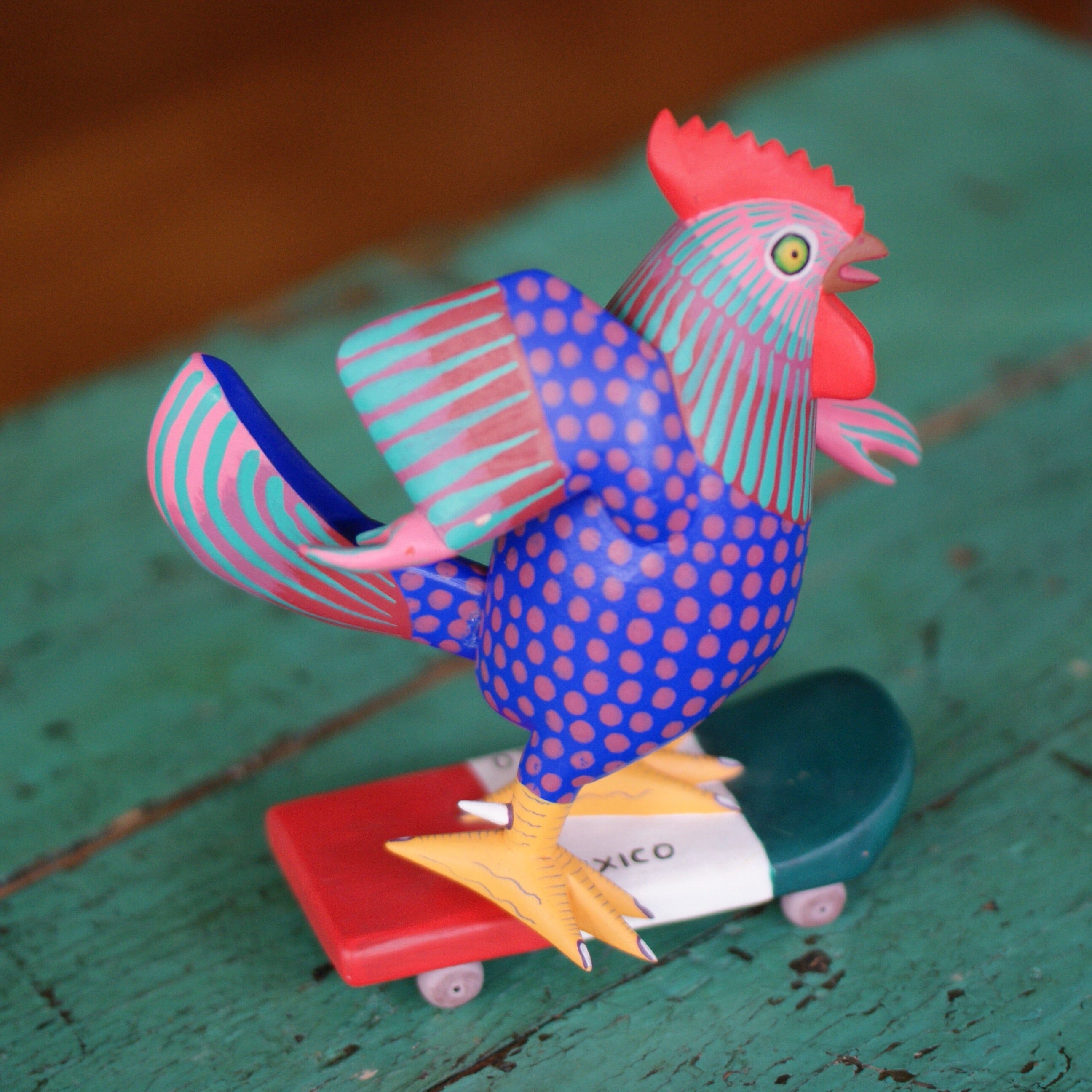 Carved and Painted Skateboard-Riding Roosters, Avelino Perez, La Unión Tejalápan Whimsical Zinnia Folk Arts