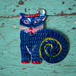 Cat Painted Tin Ornaments, 3 Colors Christmas Zinnia Folk Arts Blue  