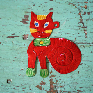 Cat Painted Tin Ornaments, 3 Colors Christmas Zinnia Folk Arts Red  