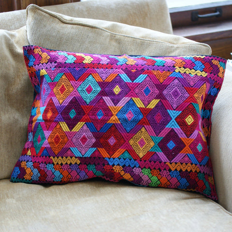Chiapas Handwoven Lumbar Pillow, Black textiles Zinnia Folk Arts Multi Color on Black  