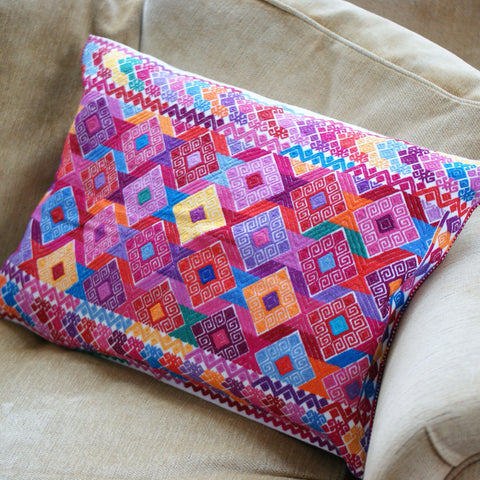 Chiapas Handwoven Lumbar Pillow, Multi-Colored Diamonds textiles Zinnia Folk Arts Shine Bright like a Diamond  