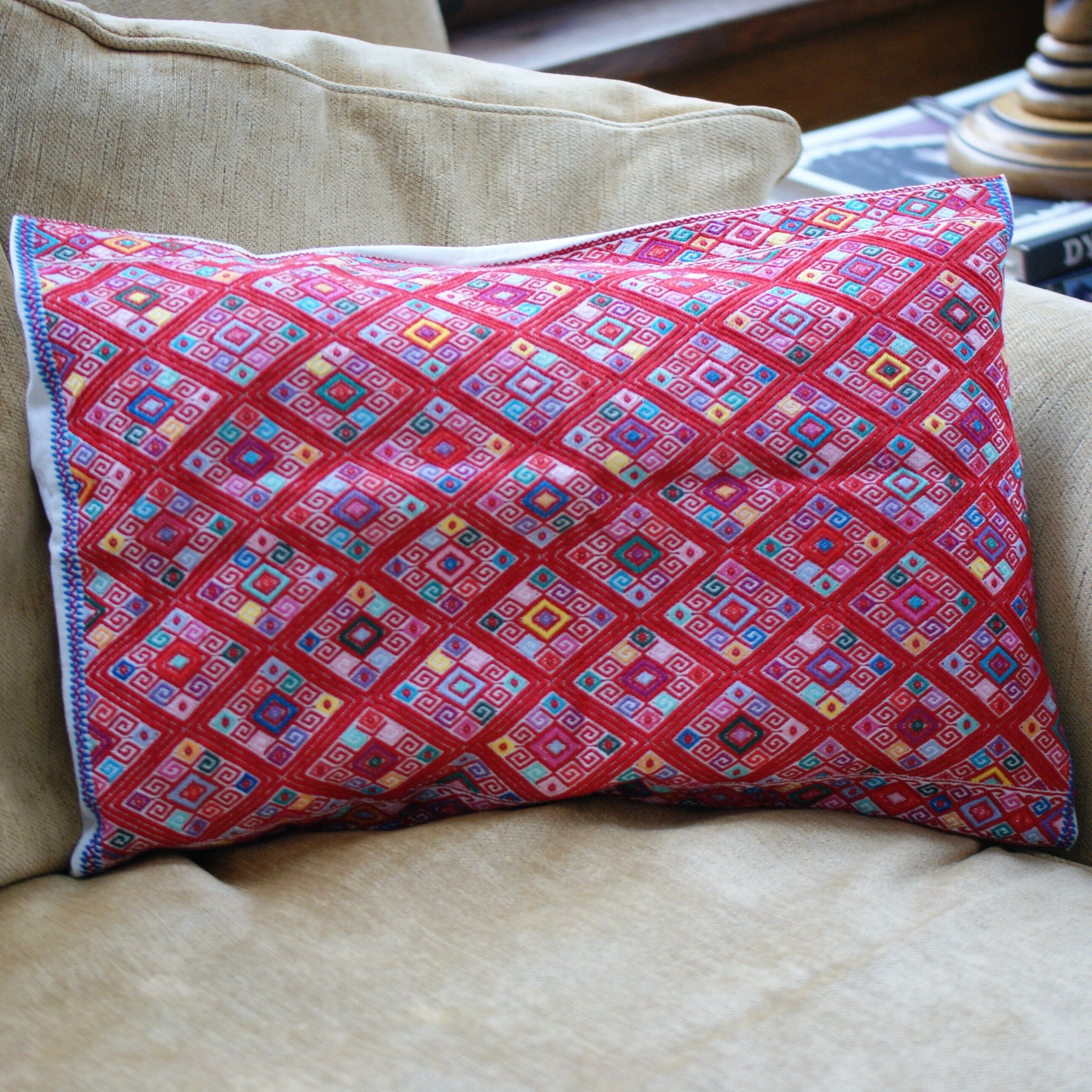 Chiapas Handwoven Lumbar Pillow, Red Diamonds textiles Zinnia Folk Arts   