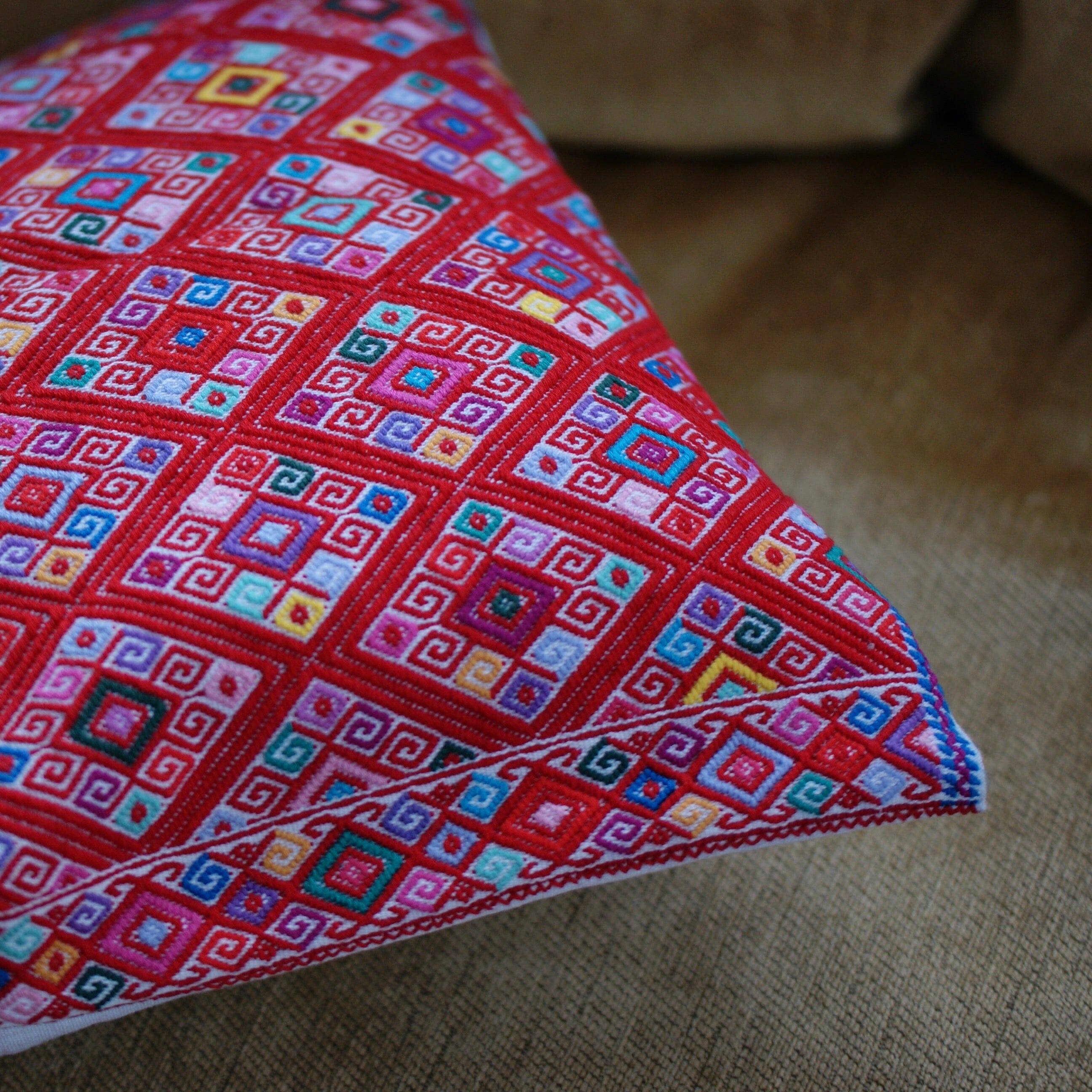 Chiapas Handwoven Lumbar Pillow, Red Diamonds textiles Zinnia Folk Arts Diamonds Bordered in Red  