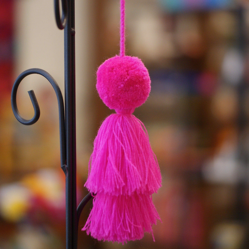 Chiapas Large Wool Pompoms with Waterfall Tassels Textile Zinnia Folk Arts Bright Pink  