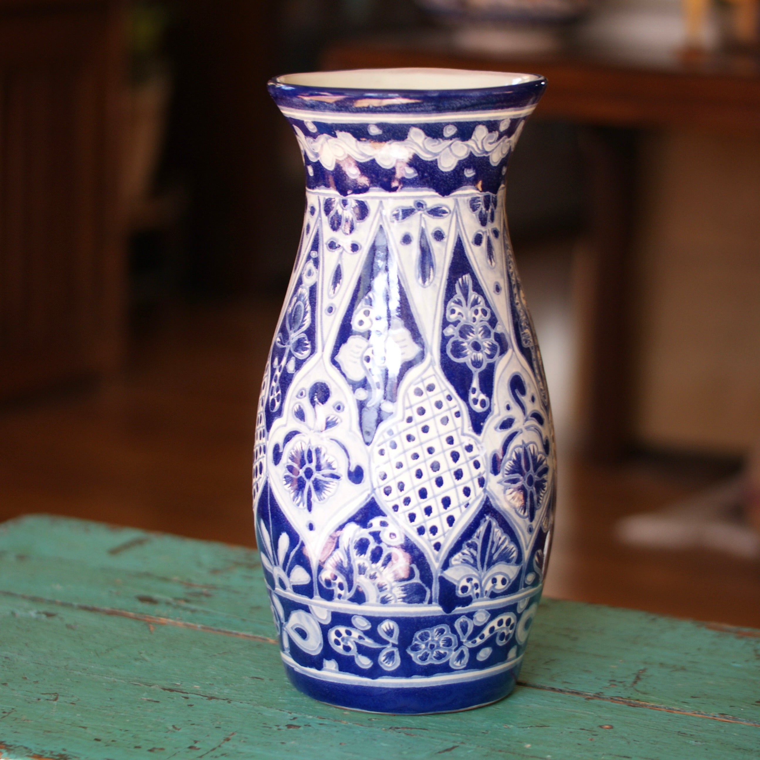 Classic Tall Tulip Shaped Talavera Flower Vase, Ready to Ship Ceramics Zinnia Folk Arts Florero Alto #1 -blue and white