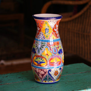 Classic Tall Tulip Shaped Talavera Flower Vase, Ready to Ship Ceramics Zinnia Folk Arts Florero Alto #2-multi  