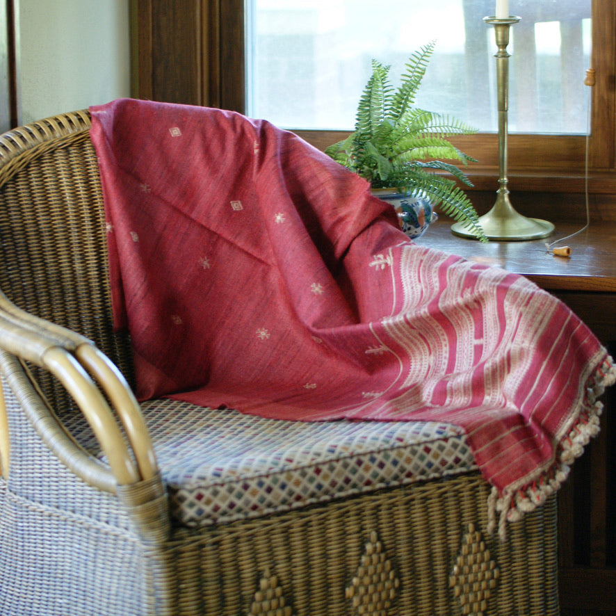 Collector's Hand Woven Silk, Cotton & Wool Throw From India, Burgundy Red with Natural Designs Textile Zinnia Folk Arts   