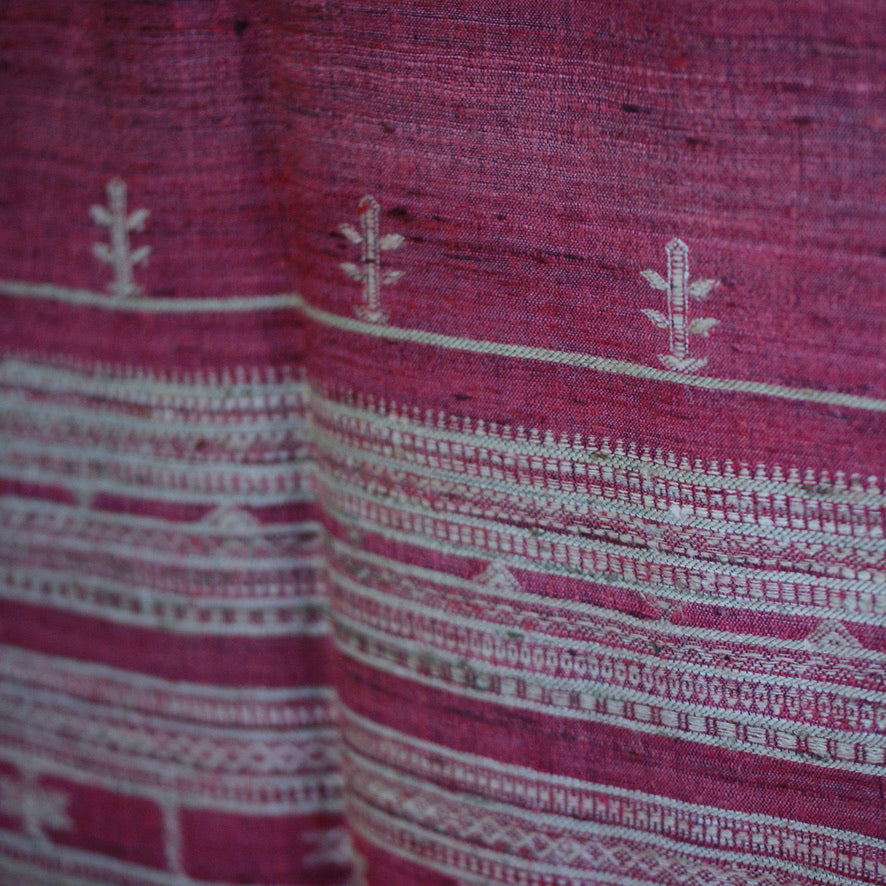 Collector's Hand Woven Silk, Cotton & Wool Throw From India, Burgundy Red with Natural Designs Textile Zinnia Folk Arts   