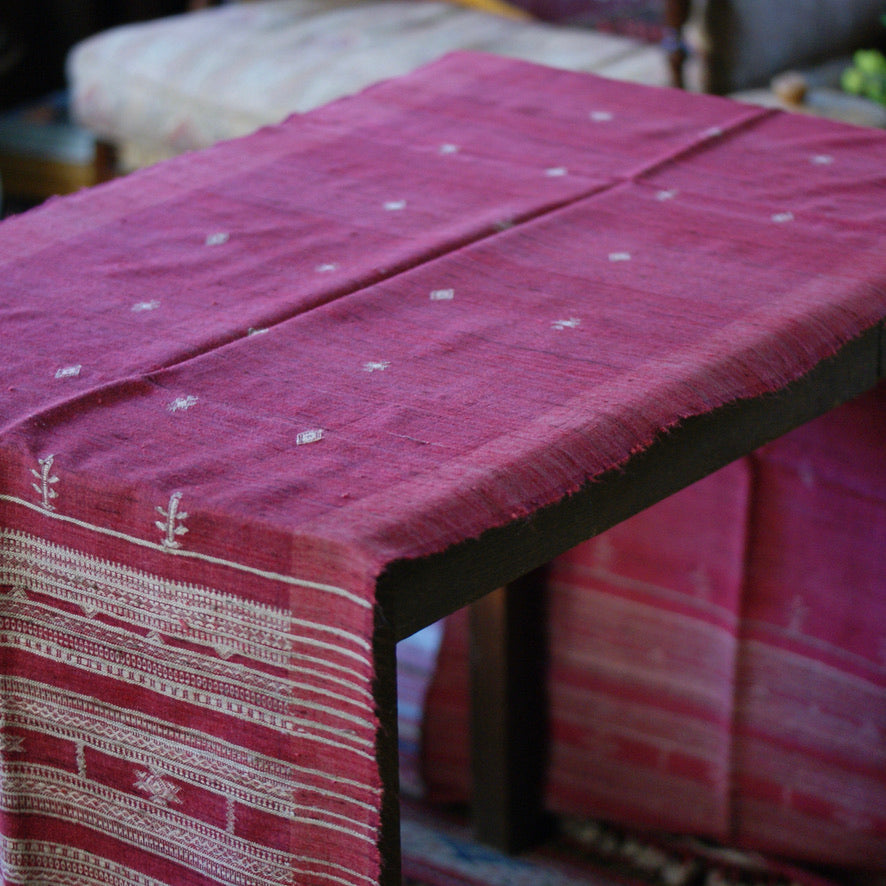 Collector's Hand Woven Silk, Cotton & Wool Throw From India, Burgundy Red with Natural Designs Textile Zinnia Folk Arts   