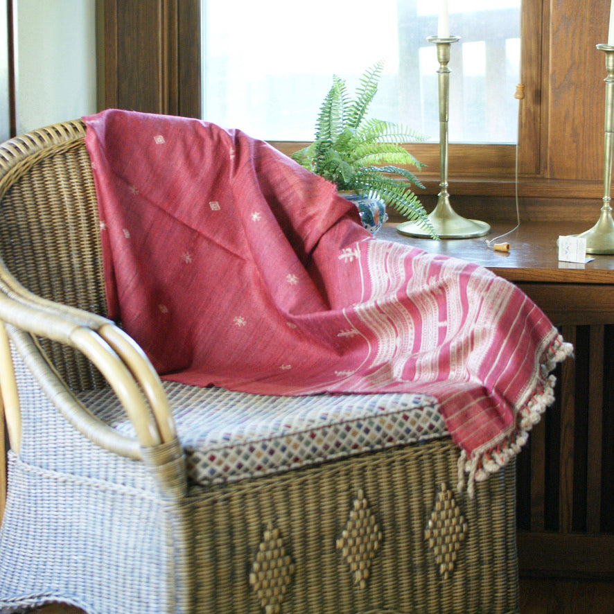 Collector's Hand Woven Silk, Cotton & Wool Throw From India, Burgundy Red with Natural Designs Textile Zinnia Folk Arts   