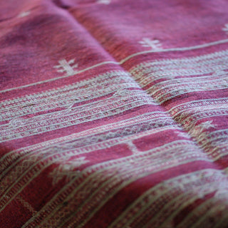 Collector's Hand Woven Silk, Cotton & Wool Throw From India, Burgundy Red with Natural Designs Textile Zinnia Folk Arts   