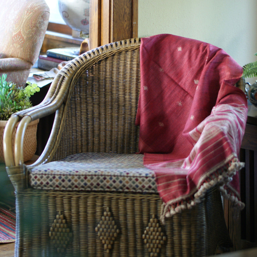 Collector's Hand Woven Silk, Cotton & Wool Throw From India, Burgundy Red with Natural Designs Textile Zinnia Folk Arts   