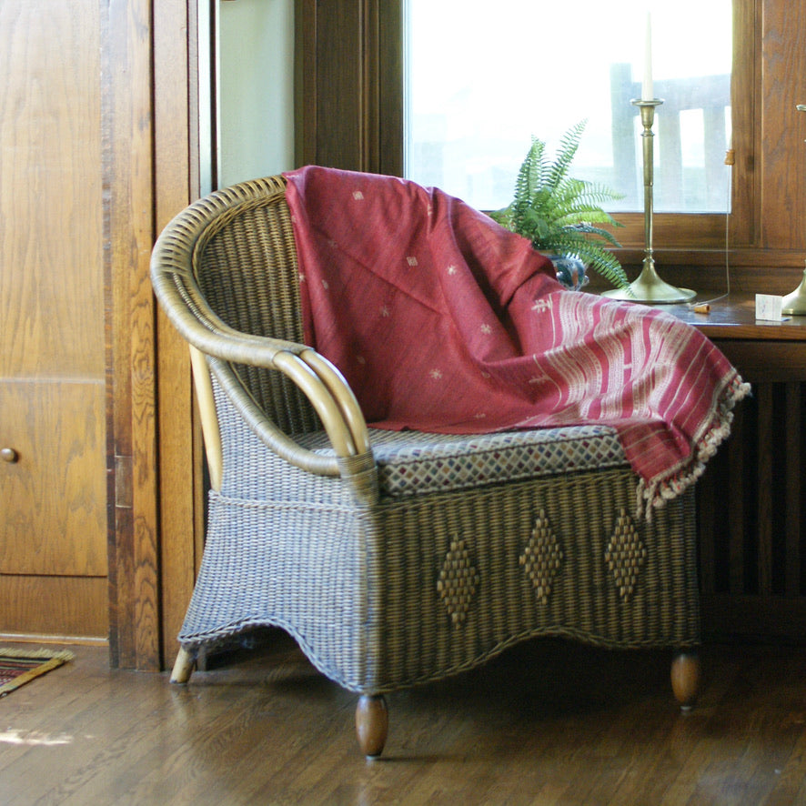 Collector's Hand Woven Silk, Cotton & Wool Throw From India, Burgundy Red with Natural Designs Textile Zinnia Folk Arts   