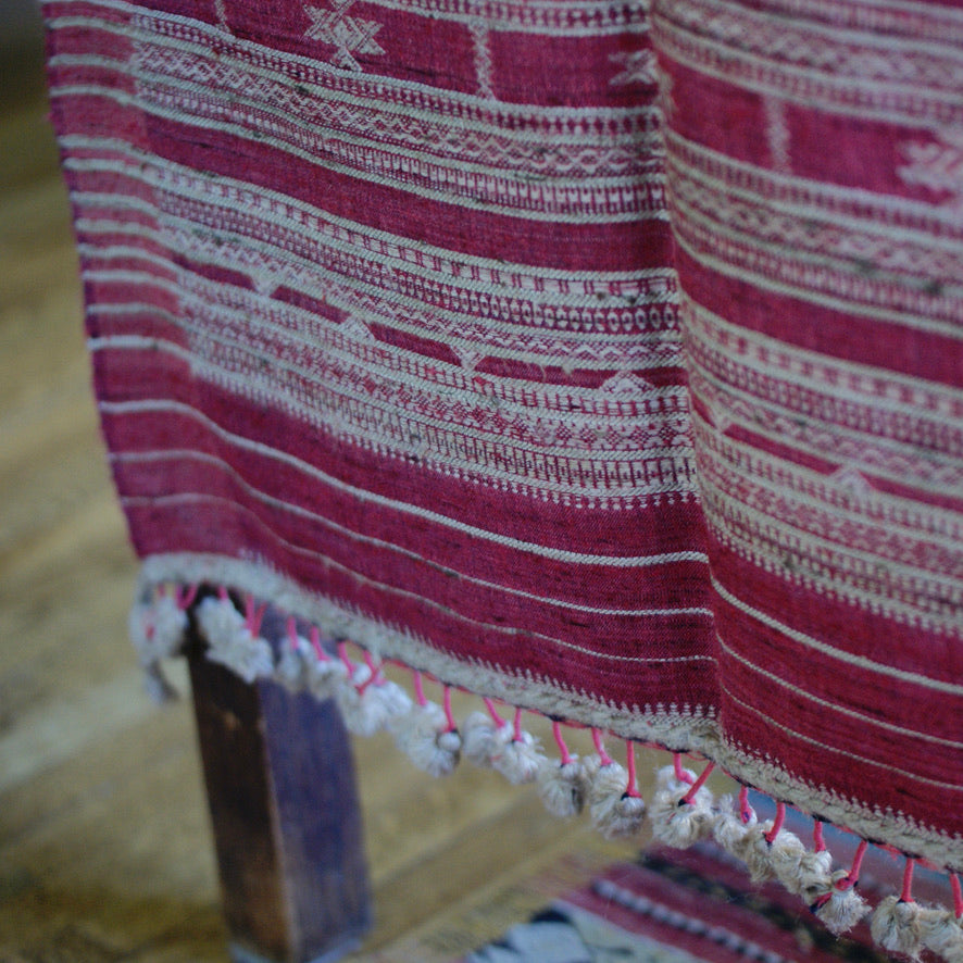 Collector's Hand Woven Silk, Cotton & Wool Throw From India, Burgundy Red with Natural Designs Textile Zinnia Folk Arts   