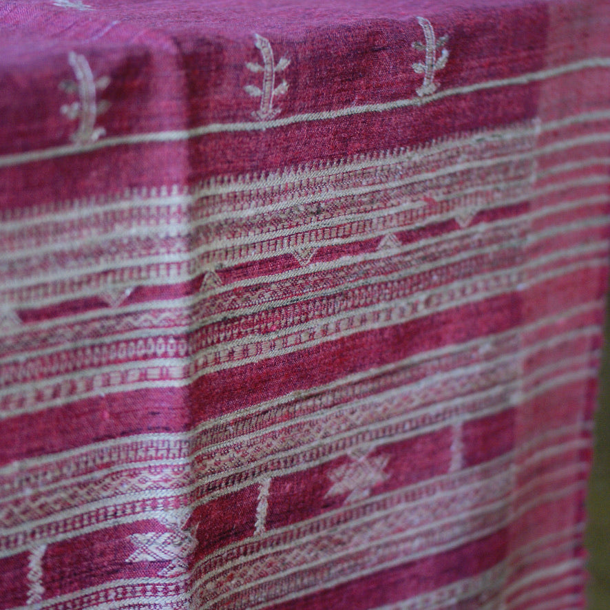 Collector's Hand Woven Silk, Cotton & Wool Throw From India, Burgundy Red with Natural Designs Textile Zinnia Folk Arts   