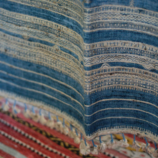 Collector's Hand Woven Silk, Cotton & Wool Throw From India, Denim Blue with Natural Designs Textile Zinnia Folk Arts   