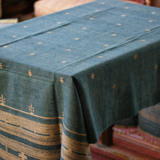 Collector's Hand Woven Silk, Cotton & Wool Throw From India, Denim Blue with Natural Designs Textile Zinnia Folk Arts   