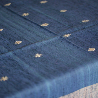 Collector's Hand Woven Silk, Cotton & Wool Throw From India, Indigo Blue with Natural Designs Textile Zinnia Folk Arts   