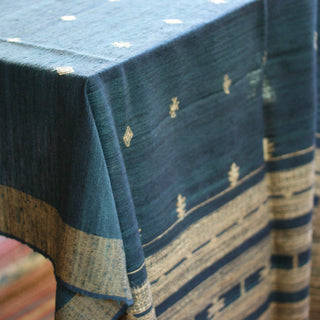 Collector's Hand Woven Silk, Cotton & Wool Throw From India, Indigo Blue with Natural Designs Textile Zinnia Folk Arts   