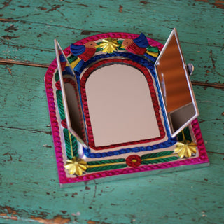 Colorful Painted Mexican Tin Mirror with Doors Home Decor Zinnia Folk Arts   