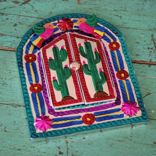 Colorful Painted Mexican Tin Mirror with Doors Home Decor Zinnia Folk Arts Teal Rim  