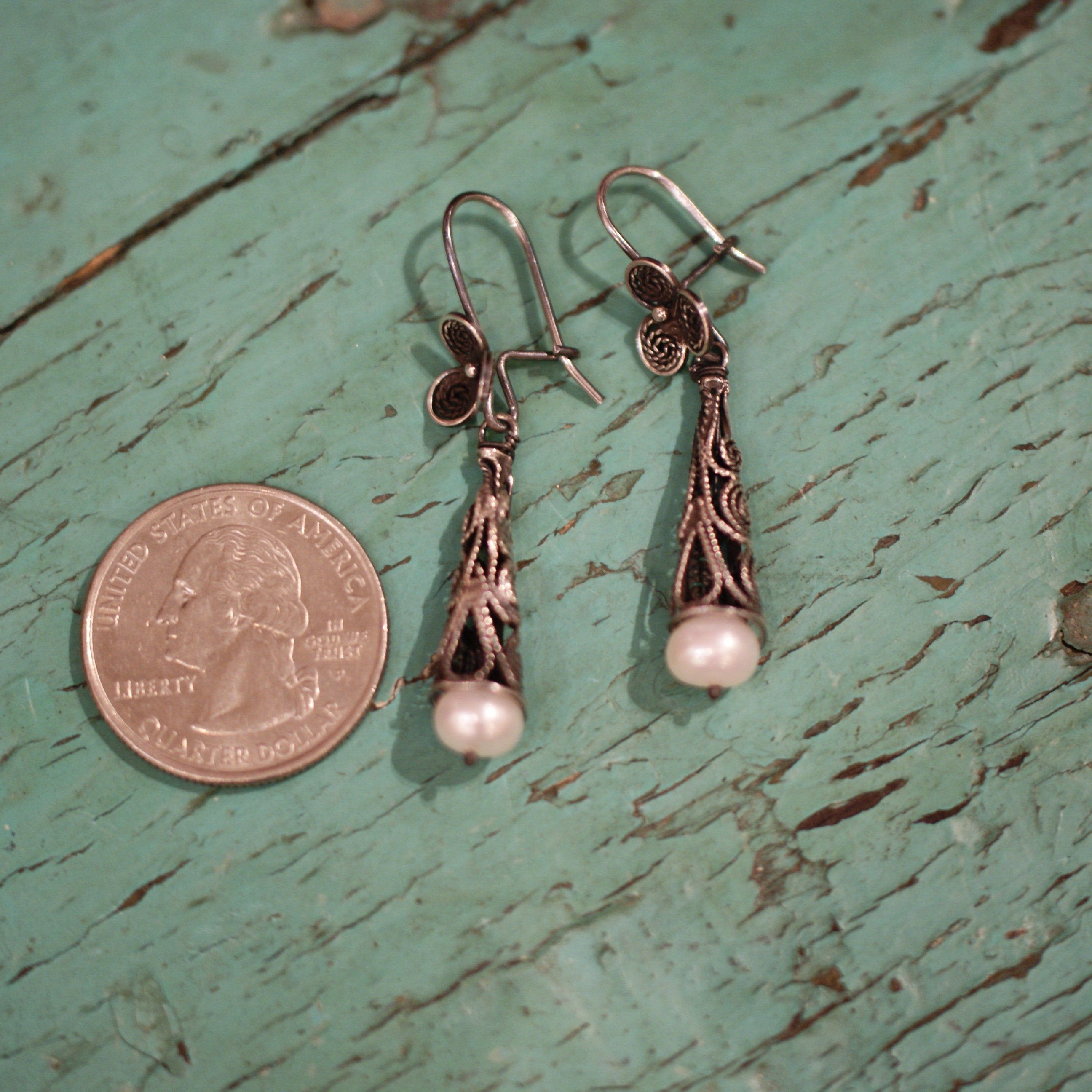 Cone Shaped Mexican Silver Filagree Earrings with Pearl Beads Jewelry Zinnia Folk Arts   