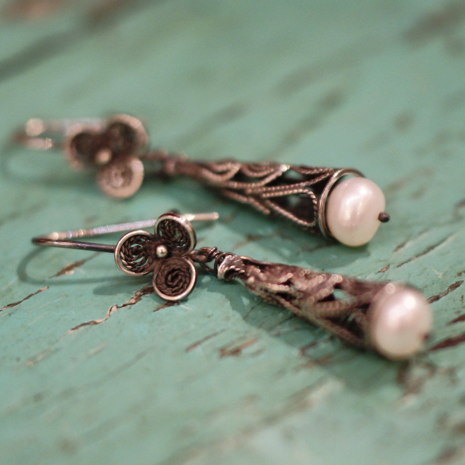 Cone Shaped Mexican Silver Filagree Earrings with Pearl Beads Jewelry Zinnia Folk Arts   