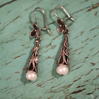 Cone Shaped Mexican Silver Filagree Earrings with Pearl Beads Jewelry Zinnia Folk Arts   