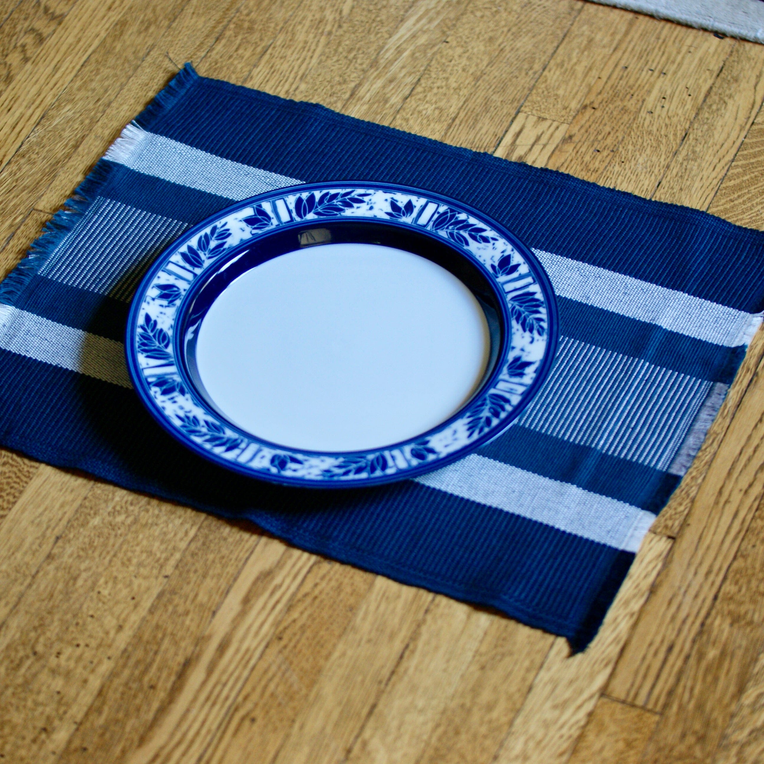 Dark Denim & White Michoacán Hand Woven Placemats, Set of 2 Textile Zinnia Folk Arts   